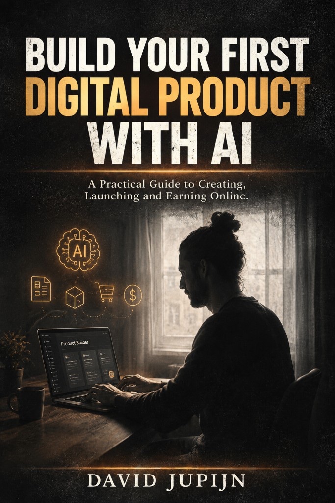 The Build Guide cover: a dark, moody scene of a builder working on a laptop at night, titled 'Build Your First Digital Product With AI'.